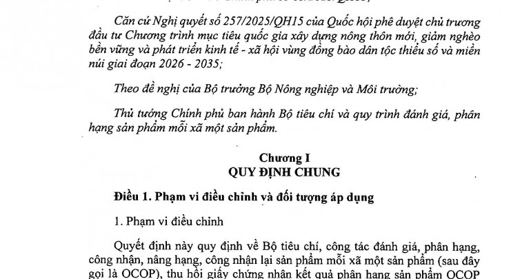 Quyết Định Ban Hành Bộ Tiêu Chí Và Quy Trình Đánh Giá, Phân Hạng Sản Phẩm Mỗi Xã Một Sản Phẩm